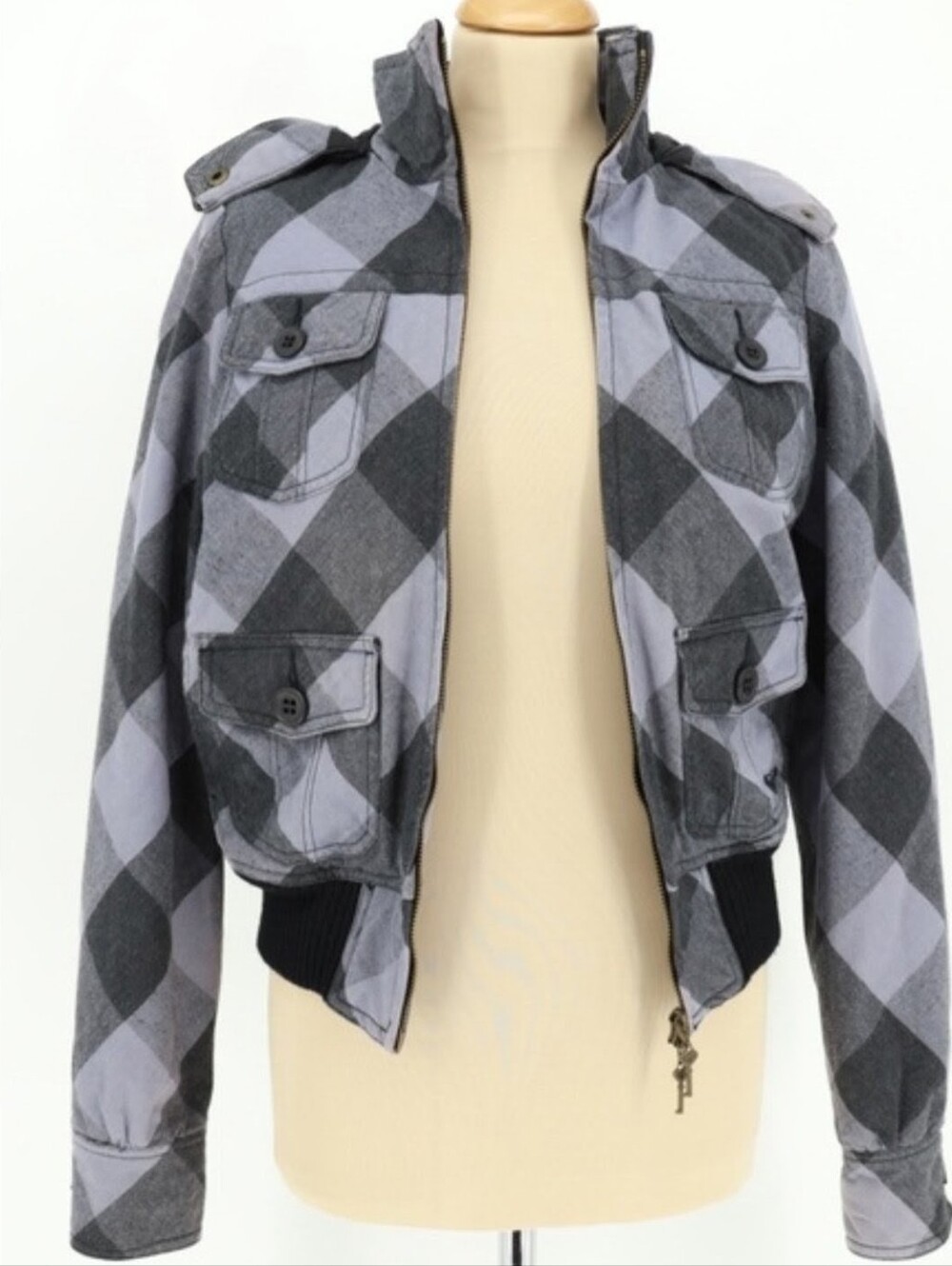 Roxy Gray Checkered Bomber Jacket Size Medium - Picture 4 of 11